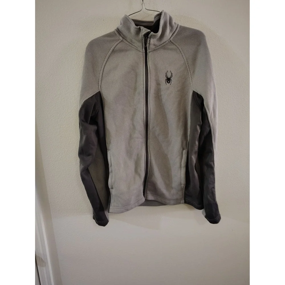 Spyder Mens Waffle Knit Fleece Full Zip Jacket Gray Mock Neck Medium